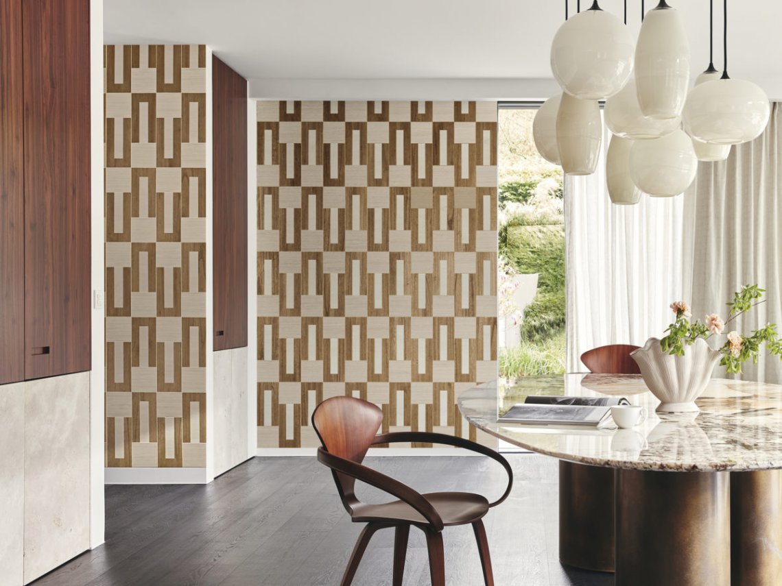Decorative wall covering with contemporary geometric pattern.